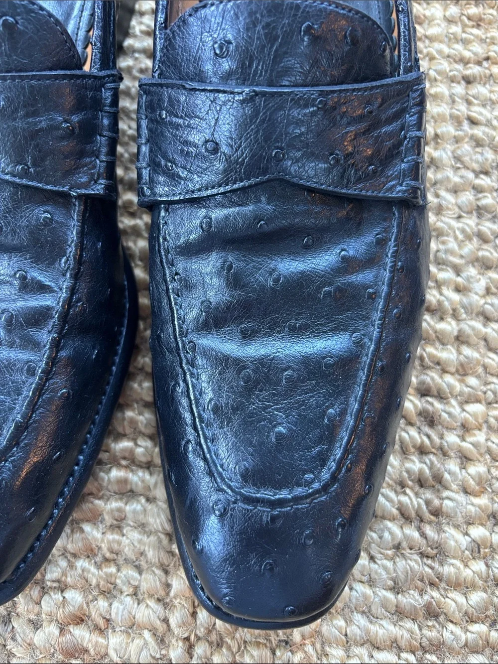 Ermenegildo Zegna Black Men’s Ostrich Leather Penny Loafers